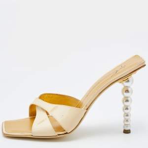 Pre Owned Giuseppe Zanotti Cream Patent Leather Vicini Pearl Heel Slide Sandals Size 38
