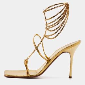 Pre Owned Giuseppe Zanotti Metallic Gold Leather and Chain Link Ankle Strap Sandals Size 38