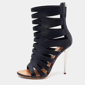 Pre Owned Giuseppe Zanotti Black Leather Cutout Ankle Length Boots Size 37