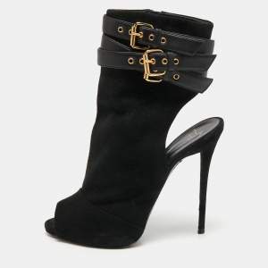 Pre Owned Giuseppe Zanotti Black Suede Cutout Peep Toe Ankle Boots Size 38
