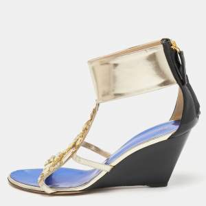 Pre Owned Giuseppe Zanotti Black/Gold Patent and Leather Crystal Embellished Wedge Sandals Size 40