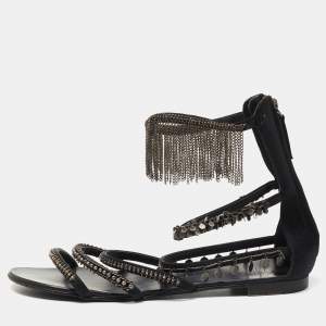 Pre Owned Giuseppe Zanotti Black Satin Chain Embellished Strappy Flat Sandals Size 38