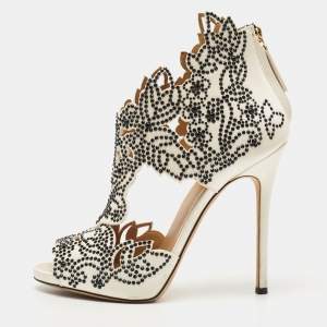 Pre Owned Giuseppe Zanotti White/Black La Perla Cut Out Detail Crystal Embellished Booties Size 36
