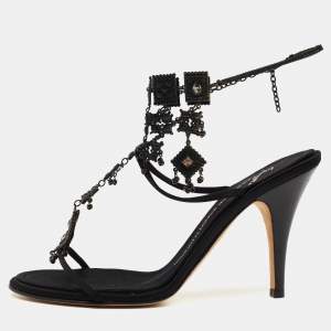 Pre Owned Giuseppe Zanotti Black Satin Embellished Ankle Strap Sandals Size 38.5