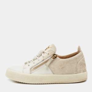 Pre Owned Giuseppe Zanotti White/Beige Leather and Velvet Frankie Sneakers Size 39