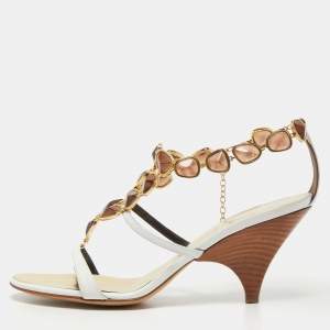 Pre Owned Giuseppe Zanotti White Leather Embellished Ankle Strap Sandals Size 36 
