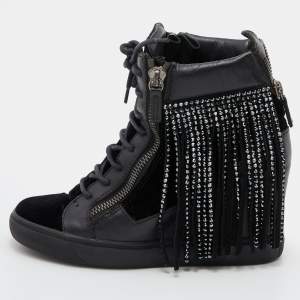Giuseppe Zanotti Black Leather and Velvet Fringe Crystal Embellished High Top Sneakers Size 40.5