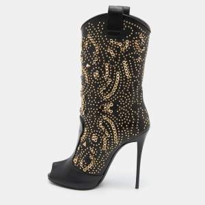 Pre Owned Giuseppe Zanotti Black Leather Crystal Embellished Calf Length Boots Size 40