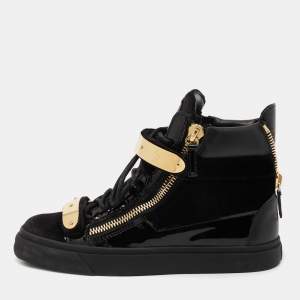 Pre Owned Giuseppe Zanotti Black Leather and Velvet Double Chain High Top Sneakers Size 38