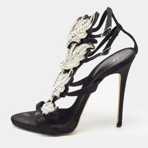 Pre Owned Giuseppe Zanotti Black Satin Wing Jeweled Sandals Size 40