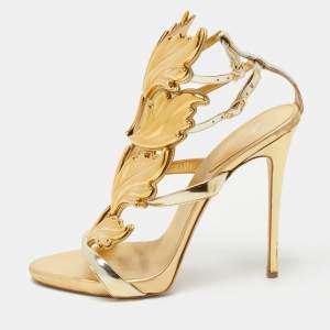 Pre Owned Giuseppe Zanotti Gold Leather Argent Metal Wing Strappy Sandals Size 41