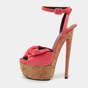 Pre Owned Giuseppe Zanotti Pink Suede Bow Cork Platform Ankle Strap Sandals Size 38