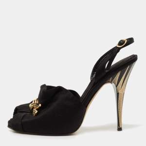 Pre Owned Giuseppe Zanotti Black Satin Bow Crystal Embellished Slingback Sandals Size 35