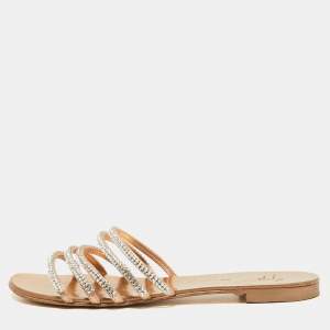 Pre Owned Giuseppe Zanotti Metallic Crystal Embellished Leather Flat Slides Size 36.5