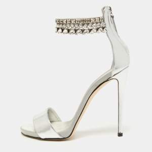 Pre Owned Giuseppe Zanotti Silver Leather and Satin Crystal Embellished Ankle Strap Sandals Size 36.5