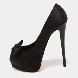 Pre Owned Giuseppe Zanotti Black Satin Bow Peep Toe Platform Pumps Size 39.5