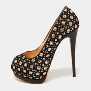 Pre Owned Giuseppe Zanotti Black/Gold Lace and Glitter Sharon Peep Toe Pumps Size 38.5