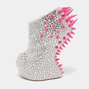 Pre Owned Guiseppe Zanotti Grey Suede Crystal and Spiked Embellished Booties Size 35