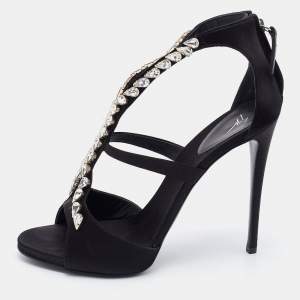Pre Owned Giuseppe Zanotti Black Satin Crystal Embellished T-Strap Sandals Size 40