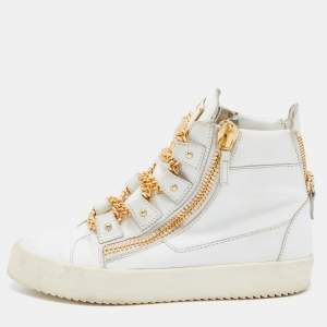 Pre Owned Giuseppe Zanotti White/Gold Leather Royce Chain High Top Sneakers Size 41