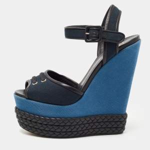 Pre Owned Giuseppe Zanotti Navy Blue/Black Canvas and Leather Ankle Strap Wedge Sandals Size 40