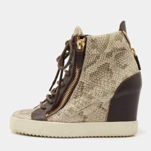 Giuseppe Zanotti Beige/Brown Embossed Python and Leather High Top Wedge Sneakers Size 38