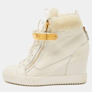 Pre Owned Giuseppe Zanotti White Leather Chain Detail Tumbled Wedge Sneakers Size 42