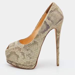Pre Owned Giuseppe Zanotti Green Python Embossed Leather Sharon Peep Toe Platform Pumps Size 38