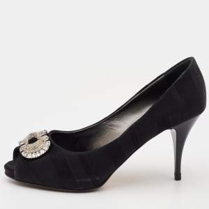 Pre Owned Giuseppe Zanotti Black Canvas Crystal Embellished Peep Toe Platform Pumps Size 37.5