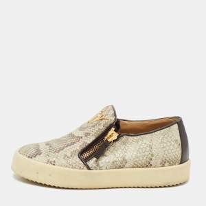 Pre Owned Giuseppe Zanotti Grey/Black Snakeskin Embossed Leather Zip Detail Sneakers Size 38