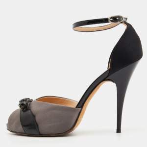 Giuseppe Zanotti Grey/Black Satin and Patent Leather Crystal Embellished Ankle Strap Sandals Size 37.5