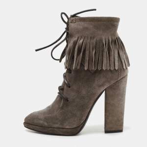 Pre Owned Giuseppe Zanotti Grey Suede Fringe Detail Ankle Booties Size 38
