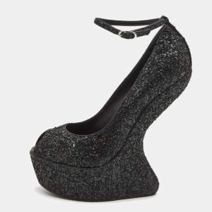 Pre Owned Giuseppe Zanotti Black Glitter Heelless Peep Toe Ankle Strap Pumps Size 41