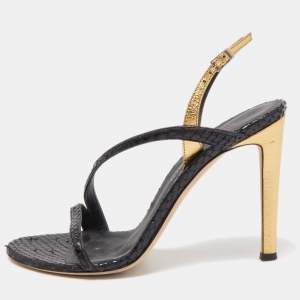Pre Owned Giuseppe Zanotti Black/Gold Python Embossed and Leather Slingback Sandals Size 37
