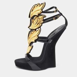 Pre Owned Giuseppe Zanotti Black/Gold Patent Leather and Suede Cruel Summer Sandals Size 39