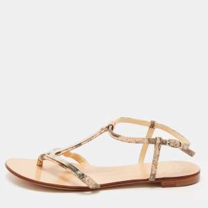 Pre Owned Giuseppe Zanotti Two Tone Lizard Embossed Leather Flat Ankle Strap Sandals Size 38.5