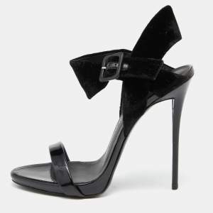 Pre Owned Giuseppe Zanotti Black Velvet and Patent Leather Ankle Strap Sandals Size 38