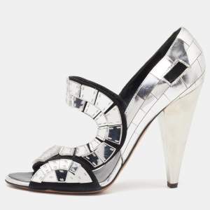 Pre Owned Giuseppe Zanotti Black/Silver Leather Mirror Embellished Platform Pumps Size 39