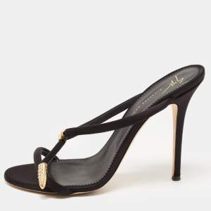Pre Owned Giuseppe Zanotti Black Satin Crystal Embellished Snake Motif Aleesha  Slide Sandals Size 40