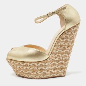 Pre Owned Giuseppe Zanotti Gold Leather Espadrille Wedge Platform Ankle Strap Sandals Size 38