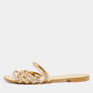 Pre Owned Giuseppe Zanotti Gold Crystal Embellished Leather Flat Slides Size 38.5