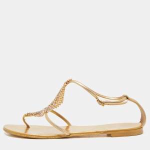 Pre Owned Giuseppe Zanotti Gold Leather Josie Thong Flat Sandals Size 38