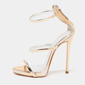 Pre Owned Giuseppe Zanotti  Metallic Rose Gold Foil Leather Harmony  Ankle Cuff Sandals Size 35