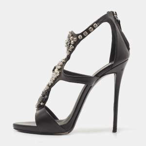 Pre Owned Giuseppe Zanotti Black Leather Crystal Embellished Strappy Sandals Size 39