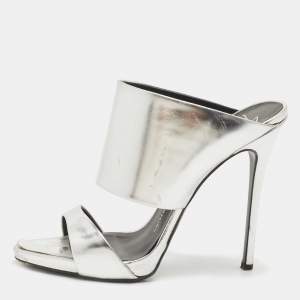 Pre Owned Giuseppe Zanotti Metallic Silver Leather Andrea Mules Size 39