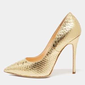Pre Owned Giuseppe Zanotti Gold Python Embossed Pointed Toe Pumps Size 37.5