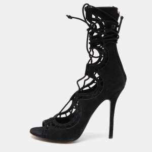 Giuseppe Zanotti Black Suede Cut Out Strappy High Peep Toe Sandals Size 38.5 