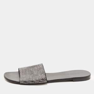 Pre Owned Giuseppe Zanotti Black Suede Crystal Embellished Flat Slides Size 39