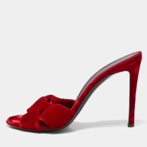 Pre Owned Giuseppe Zanotti Red Knotted Velvet Slide Sandals Size 38.5