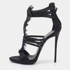 Pre Owned Giuseppe Zanotti Black Feather and Satin Crystal Embellished Sandals Size 39
